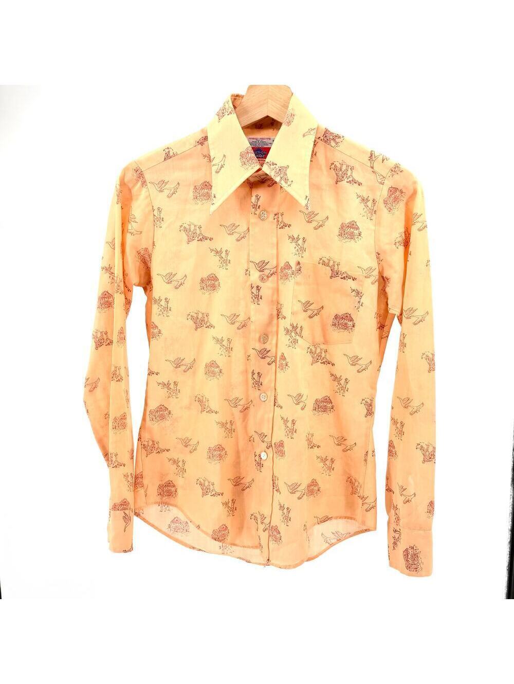 Vintage 70s Sears Put-On Shop Peach Pastoral Toile Dagger Collar Shirt